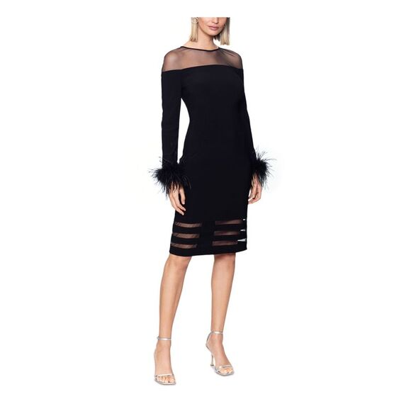 BETSY & ADAM Womens Black Lined Feathered Cuff Illusion A Long Sleeve Dress 8 - Picture 3 of 4